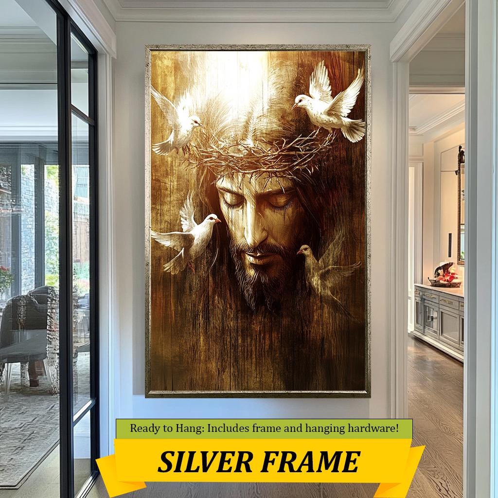 Jesus Crown of Thorns Art, Spiritual Christian Wall Decor, Peaceful Savior with Doves, Religious Fine Art Print, Faith-Inspired Home Gift