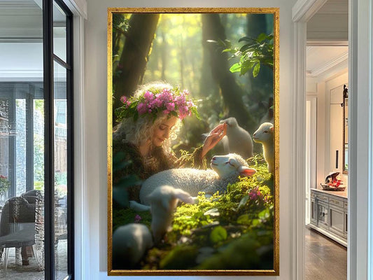 Enchanted Forest Wall Art | Woman with Lamb Print | Nature Art | Flower Crown Woodland Art, Fairy Tale Home Decor | Nursery Print