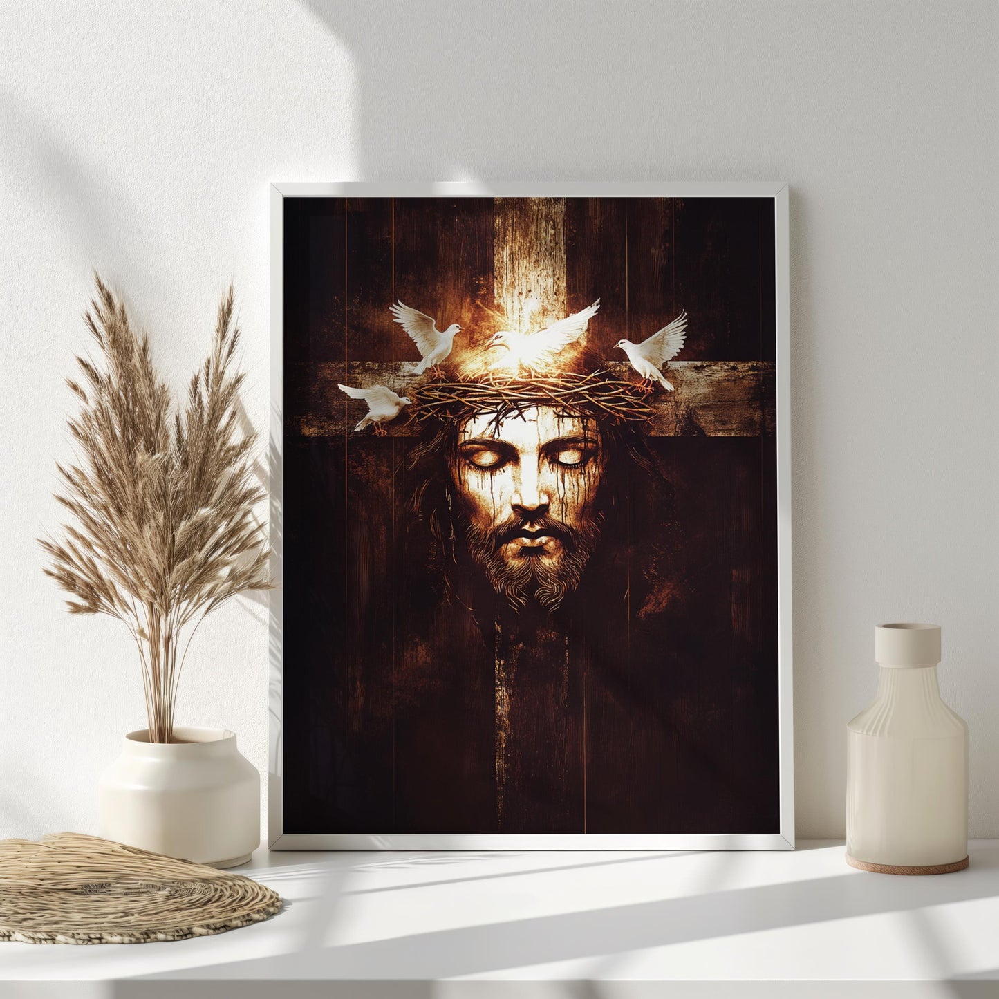 Jesus Crown of Thorns Art, Cross and Doves Spiritual Wall Decor, Christian Fine Art Print, Religious Gift, Religious Home & Prayer Room Art