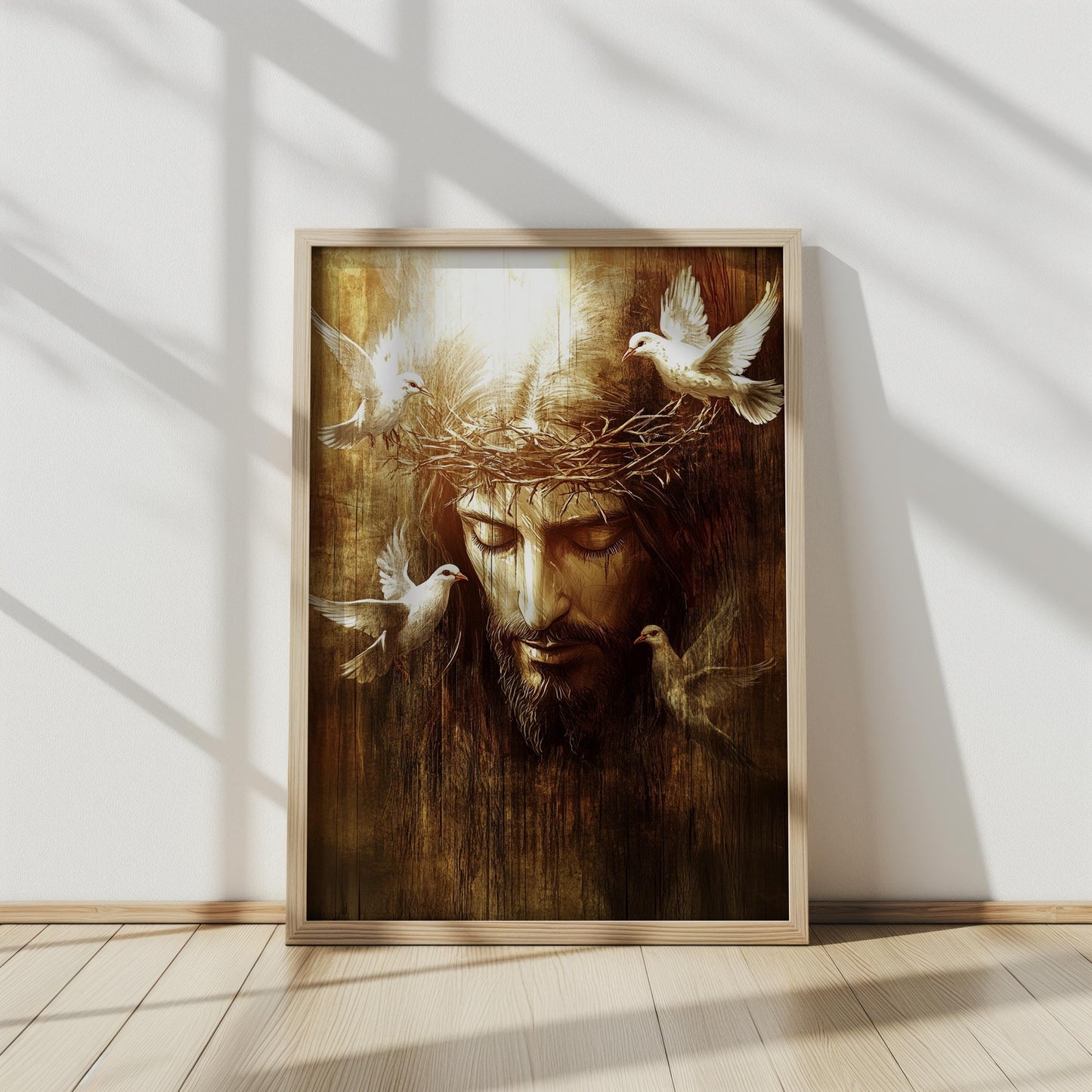 Jesus Crown of Thorns Art, Spiritual Christian Wall Decor, Peaceful Savior with Doves, Religious Fine Art Print, Faith-Inspired Home Gift