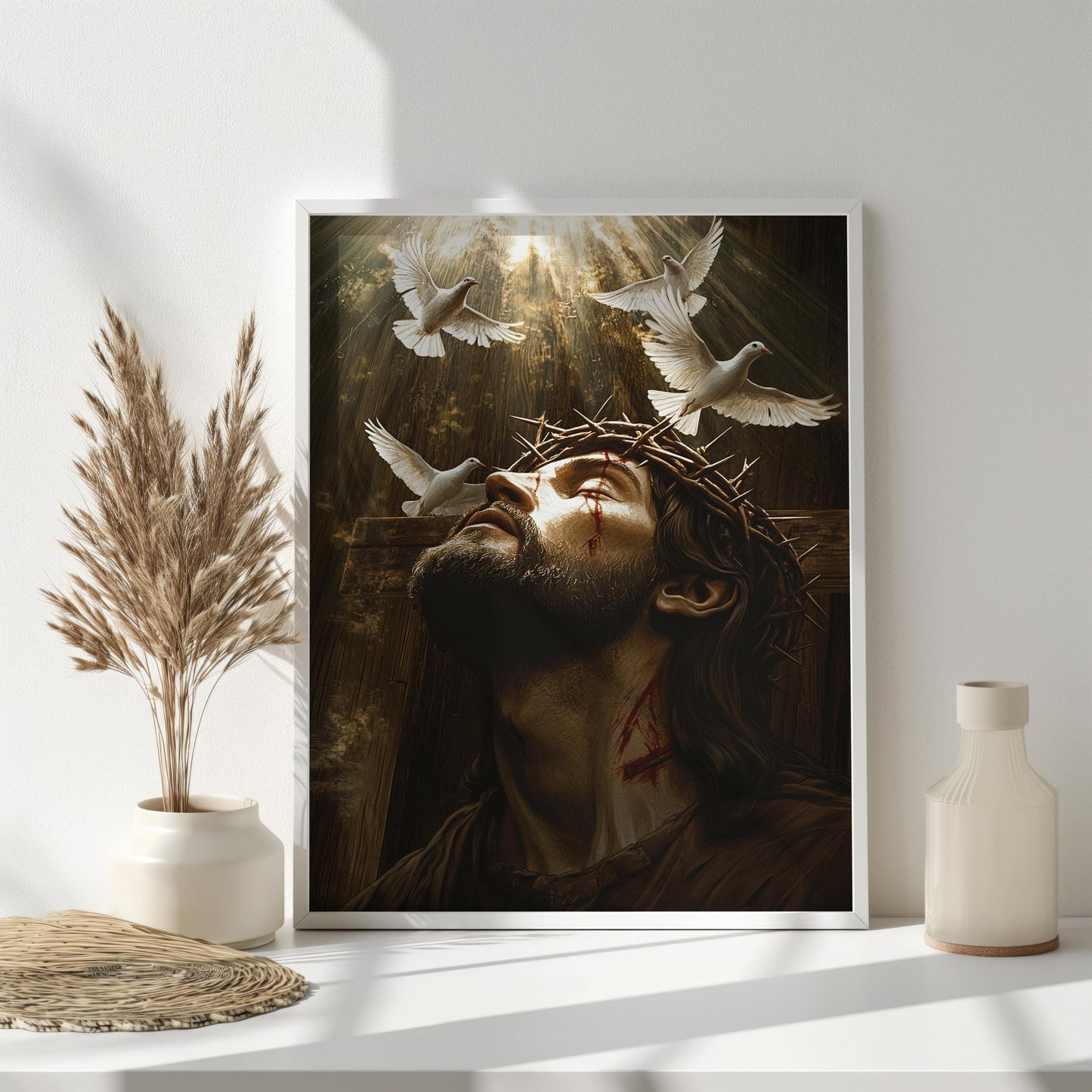 Jesus Christ Crown of Thorns Art, Spiritual Wall Decor with Doves, Sacrifice and Redemption Print, Christian Religious Artwork for Home