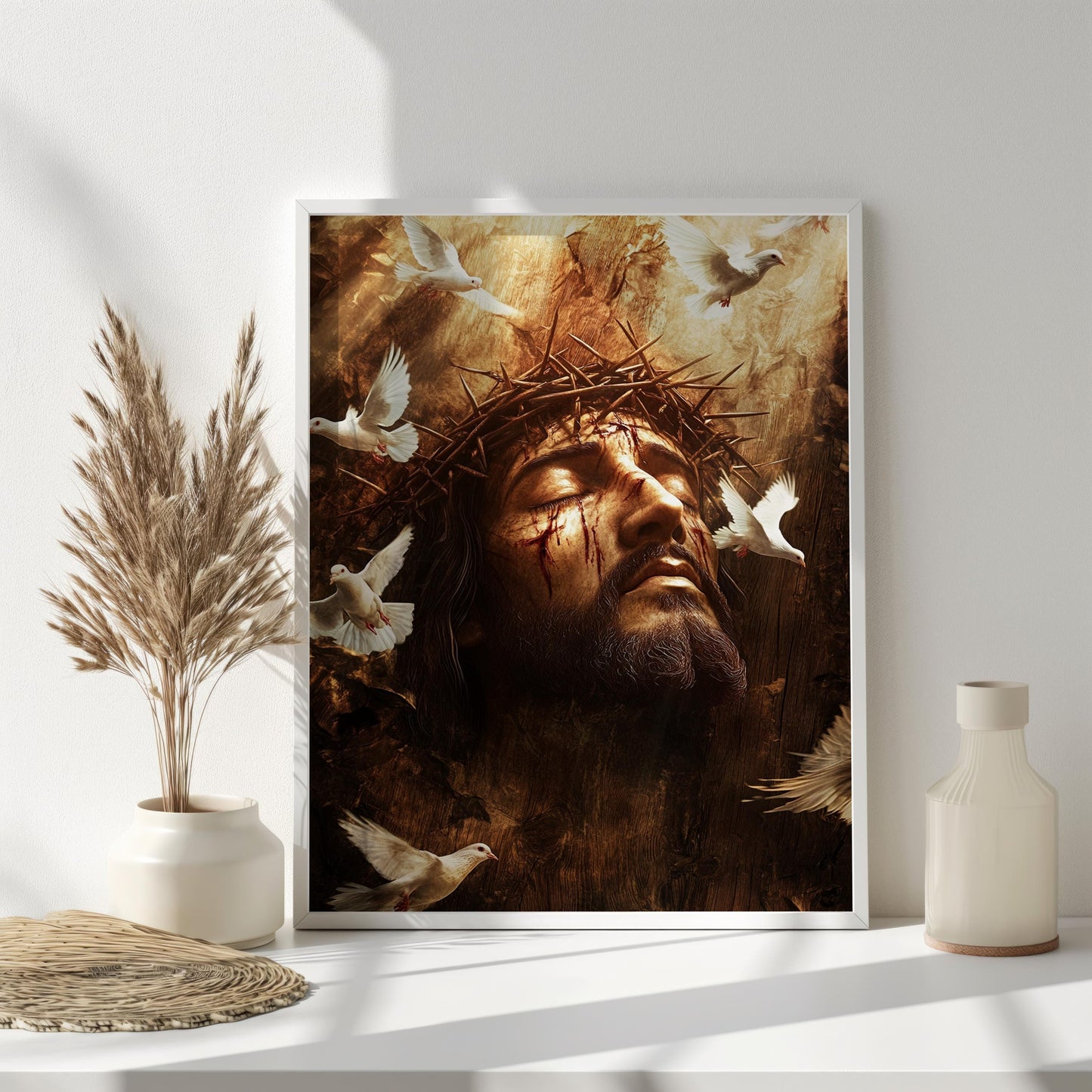 Jesus Crown of Thorns Art, Sacred Christian Wall Decor, Spiritual Savior with Doves, Religious Fine Art Print, Faith and Redemption Gift