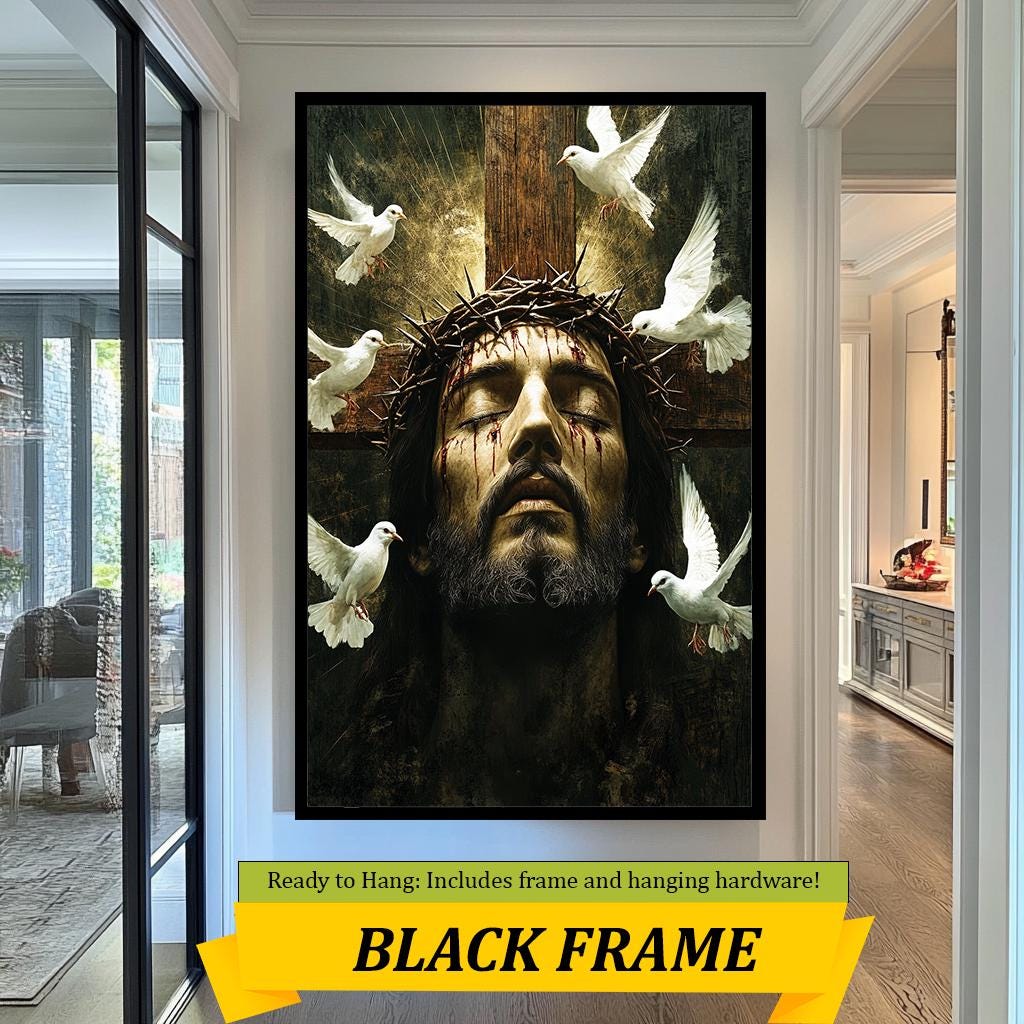 Jesus Christ Crown of Thorns Art, Spiritual Savior Wall Decor with Doves, Christian Religious Fine Art Print, Symbolic Faith and Redemption