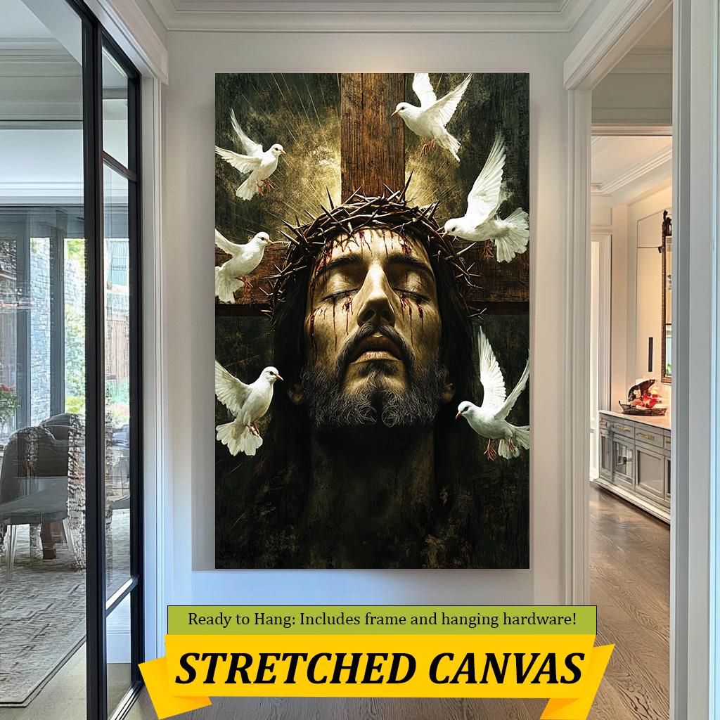 Jesus Christ Crown of Thorns Art, Spiritual Savior Wall Decor with Doves, Christian Religious Fine Art Print, Symbolic Faith and Redemption