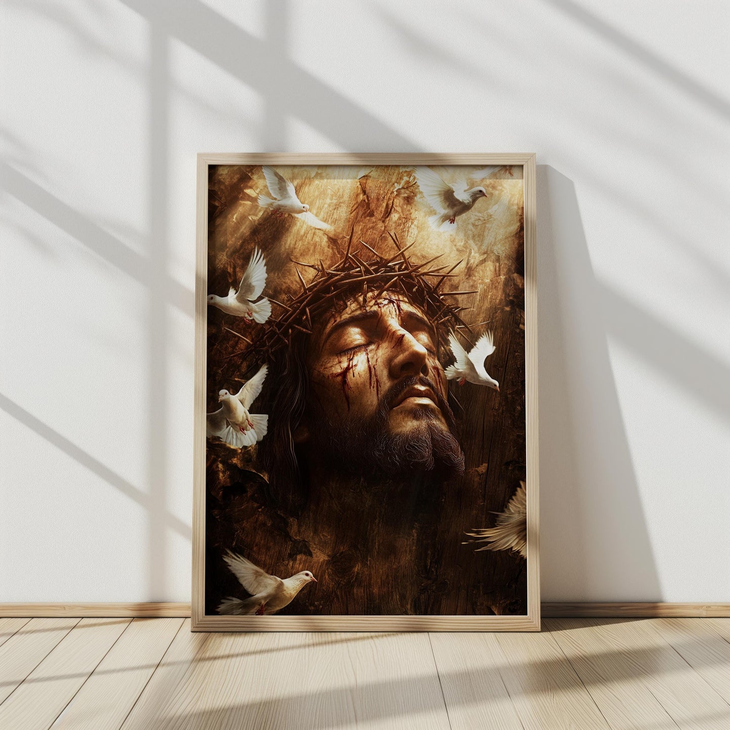 Jesus Crown of Thorns Art, Sacred Christian Wall Decor, Spiritual Savior with Doves, Religious Fine Art Print, Faith and Redemption Gift