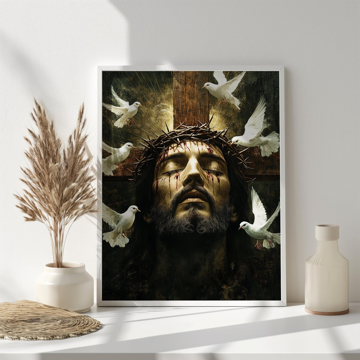 Jesus Christ Crown of Thorns Art, Spiritual Savior Wall Decor with Doves, Christian Religious Fine Art Print, Symbolic Faith and Redemption