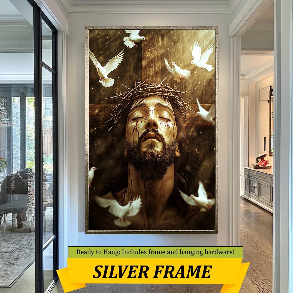 Jesus Christ Crown of Thorns Art, Spiritual Savior with Doves, Christian Wall Decor, Symbolic Religious Print, Faith and Redemption Artwork