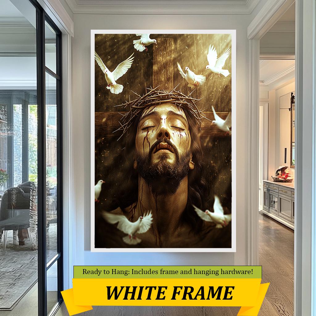 Jesus Christ Crown of Thorns Art, Spiritual Savior with Doves, Christian Wall Decor, Symbolic Religious Print, Faith and Redemption Artwork