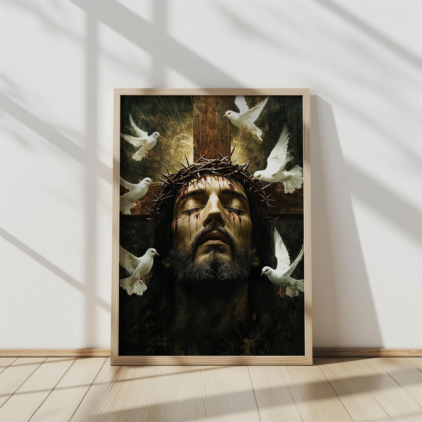 Jesus Christ Crown of Thorns Art, Spiritual Savior Wall Decor with Doves, Christian Religious Fine Art Print, Symbolic Faith and Redemption