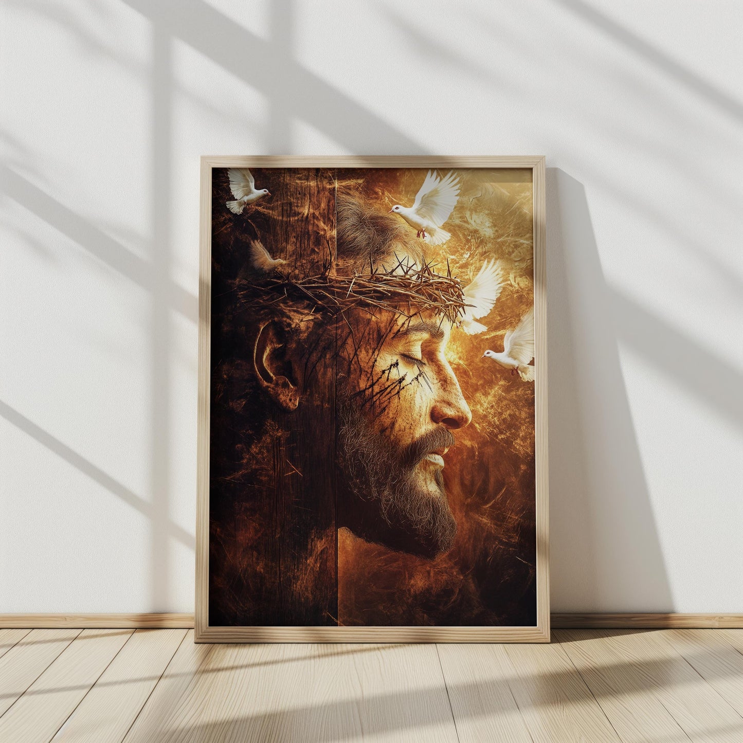 Jesus Crown of Thorns Art, Sacred Savior with Doves, Christian Wall Decor, Faith-Inspired Religious Print, Divine Redemption Fine Art