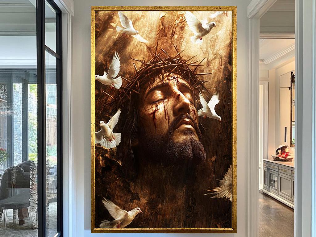 Jesus Crown of Thorns Art, Sacred Christian Wall Decor, Spiritual Savior with Doves, Religious Fine Art Print, Faith and Redemption Gift