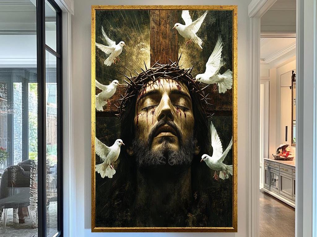 Jesus Christ Crown of Thorns Art, Spiritual Savior Wall Decor with Doves, Christian Religious Fine Art Print, Symbolic Faith and Redemption