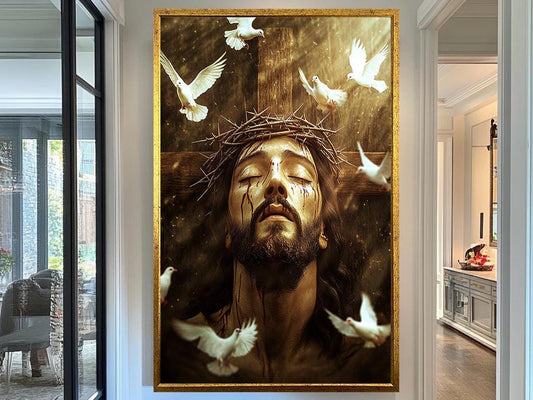 Jesus Christ Crown of Thorns Art, Spiritual Savior with Doves, Christian Wall Decor, Symbolic Religious Print, Faith and Redemption Artwork