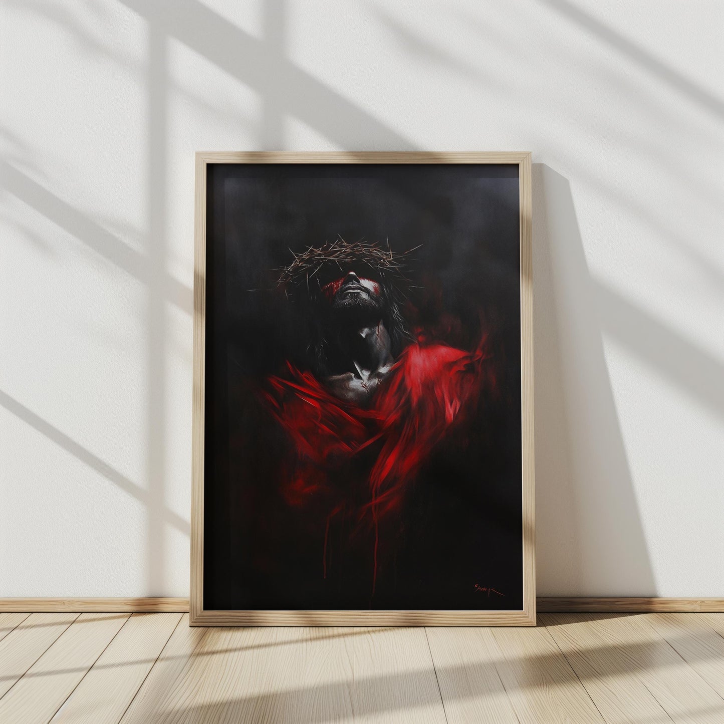 Jesus Crown of Thorns Painting, Dramatic Christian Art, Symbolic Savior Wall Decor, Red and Black Religious Artwork, Faith Print