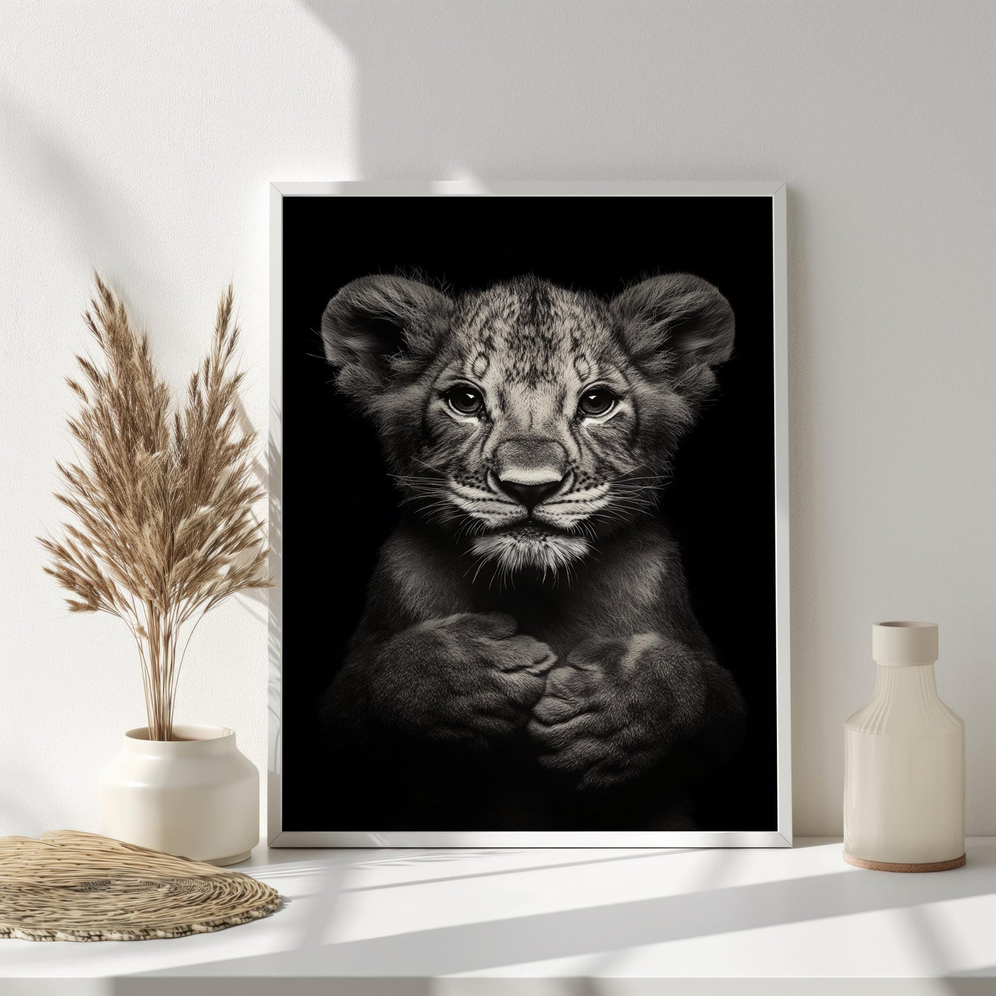 Baby Lion Wall Art Print, Black and White Animal Portrait, Nursery Safari Decor, Wildlife Photography, Minimalist Lion Cub Artwork