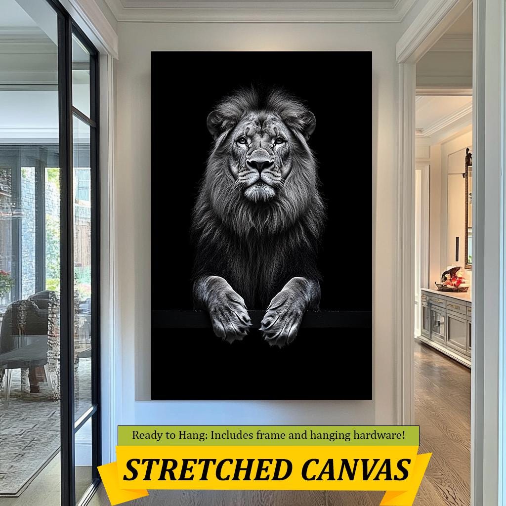 Black and White Lion Wall Art, Majestic Lion Portrait Print, Modern Wildlife Decor, King of the Jungle Artwork, Regal Animal Wall Decor