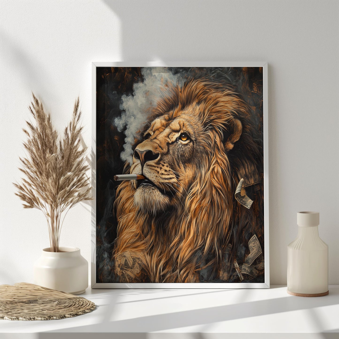 Lion Smoking Art Print, Cool Lion Portrait, Modern Animal Wall Decor, Unique Wildlife Artwork, Smoking Lion Canvas, Bold Safari Wall Art