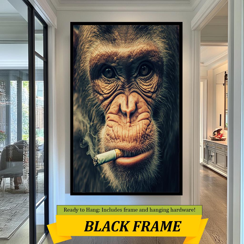 Smoking Chimp Close-Up Wall Art, Funny Animal Portrait Print, Modern Wildlife Decor, Quirky Chimpanzee Artwork, Unique Monkey Wall Art