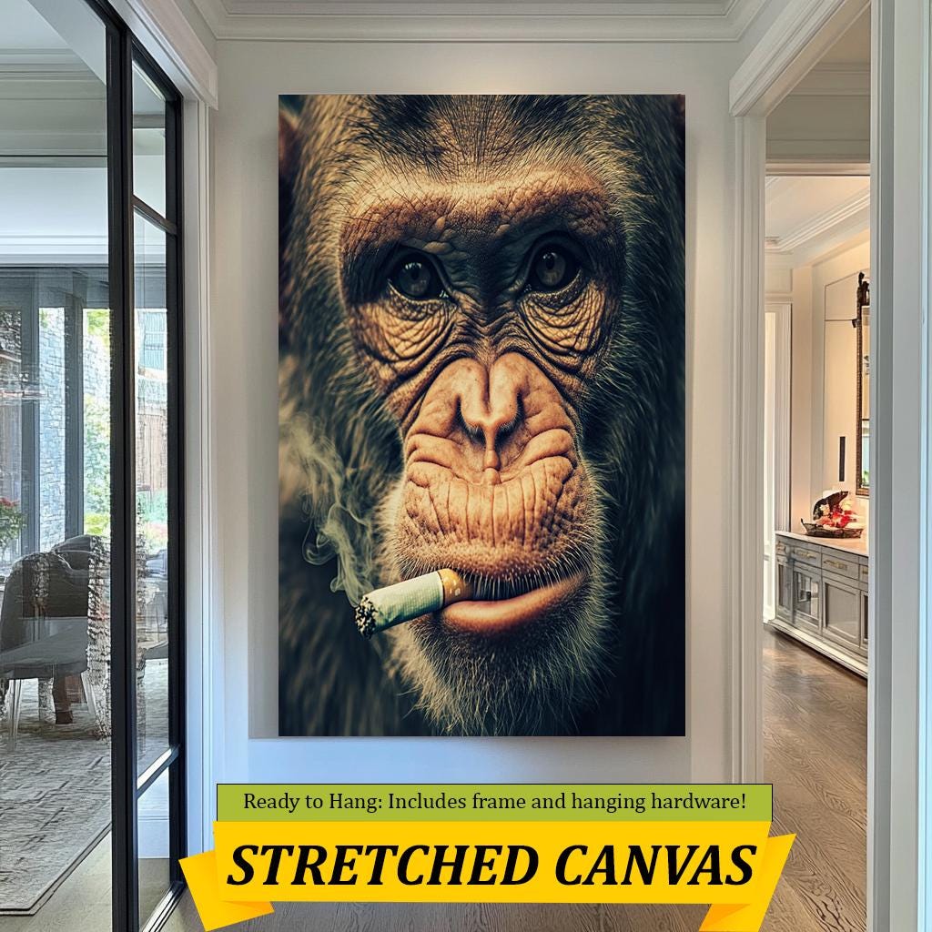 Smoking Chimp Close-Up Wall Art, Funny Animal Portrait Print, Modern Wildlife Decor, Quirky Chimpanzee Artwork, Unique Monkey Wall Art