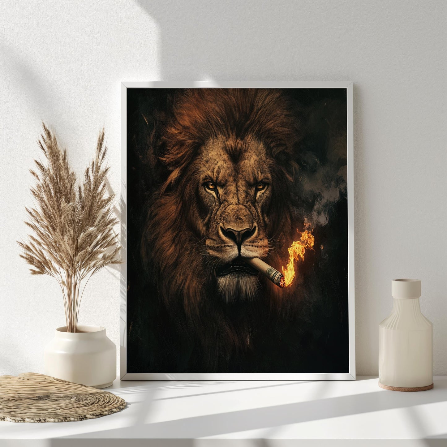 Smoking Lion Art Print, Fierce Lion with Burning Cigar, Bold Wildlife Wall Decor, Modern Animal Artwork, Fiery Jungle King Canvas