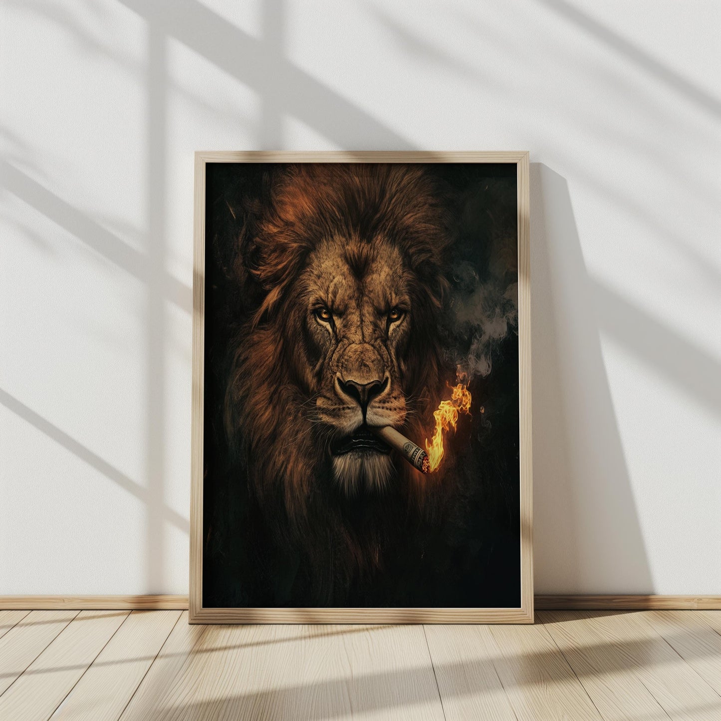 Smoking Lion Art Print, Fierce Lion with Burning Cigar, Bold Wildlife Wall Decor, Modern Animal Artwork, Fiery Jungle King Canvas