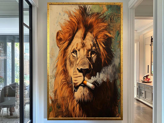 Smoking Lion Wall Art, Bold Animal Portrait Print, Urban Safari Decor, Cool Lion with Cigarette, Unique Wildlife Artwork, Modern Wall Art