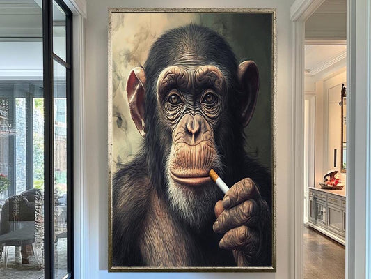 Smoking Chimpanzee Wall Art, Cool Animal Portrait Print, Modern Wildlife Decor, Unique Monkey Artwork, Funny Chimp Wall Art for Home