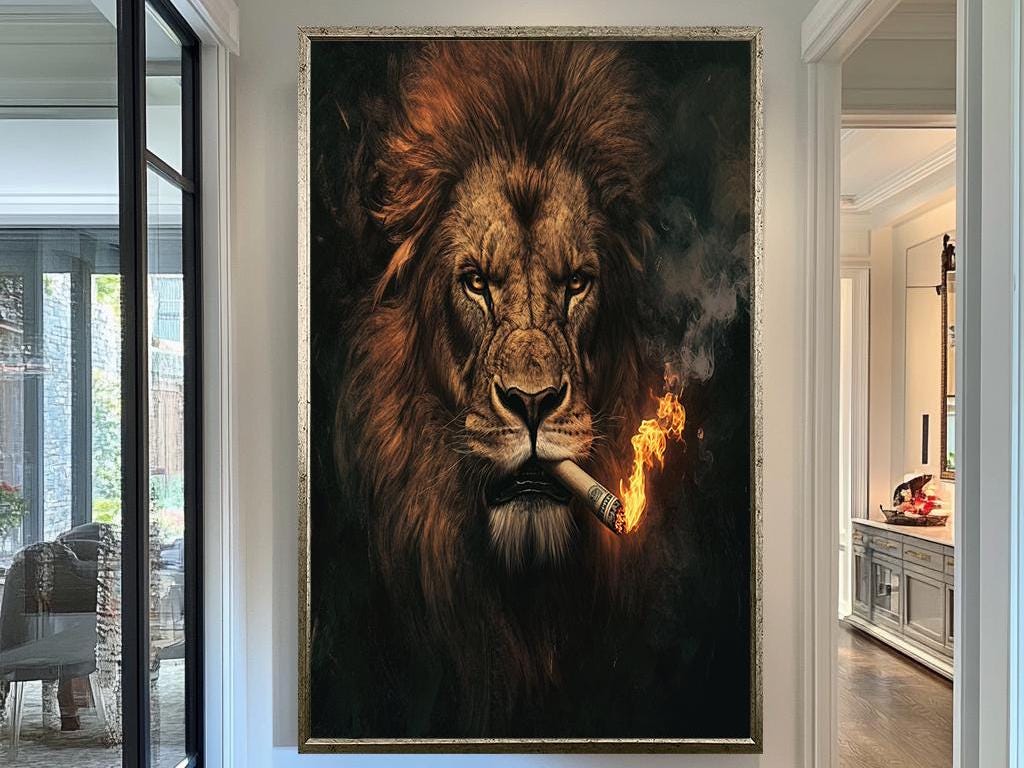 Smoking Lion Art Print, Fierce Lion with Burning Cigar, Bold Wildlife Wall Decor, Modern Animal Artwork, Fiery Jungle King Canvas