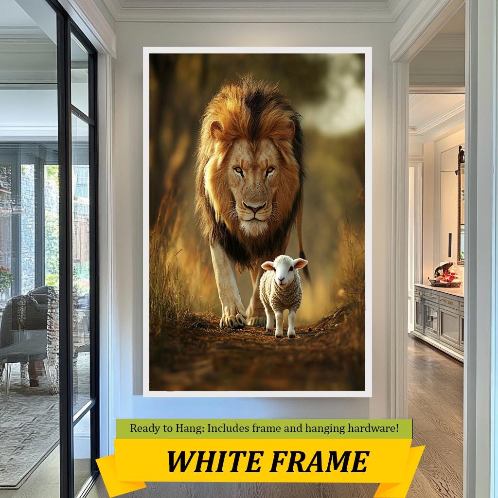 Lion and Lamb Wall Art Print, Peaceful Wildlife Artwork, Inspirational Animal Portrait, Nature Harmony Decor, Modern Safari Home Art