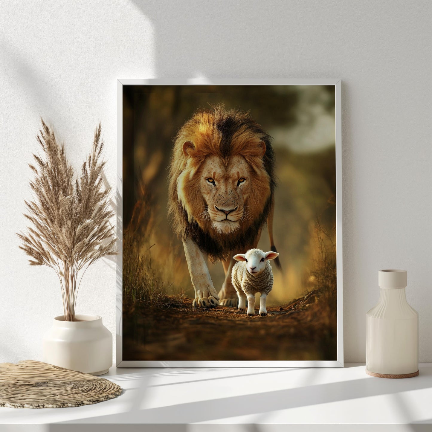 Lion and Lamb Wall Art Print, Peaceful Wildlife Artwork, Inspirational Animal Portrait, Nature Harmony Decor, Modern Safari Home Art