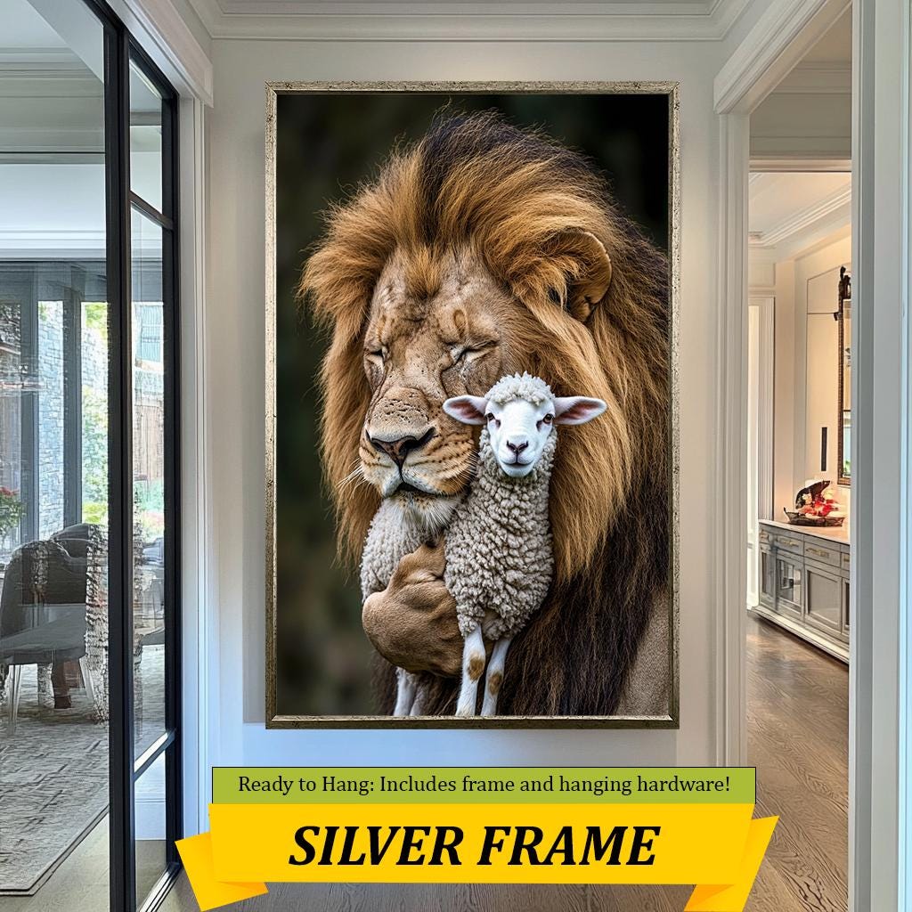 Lion and Lamb Embrace Wall Art, Peaceful Wildlife Portrait, Symbolic Animal Artwork, Inspirational Nature Print, Harmony and Love Decor