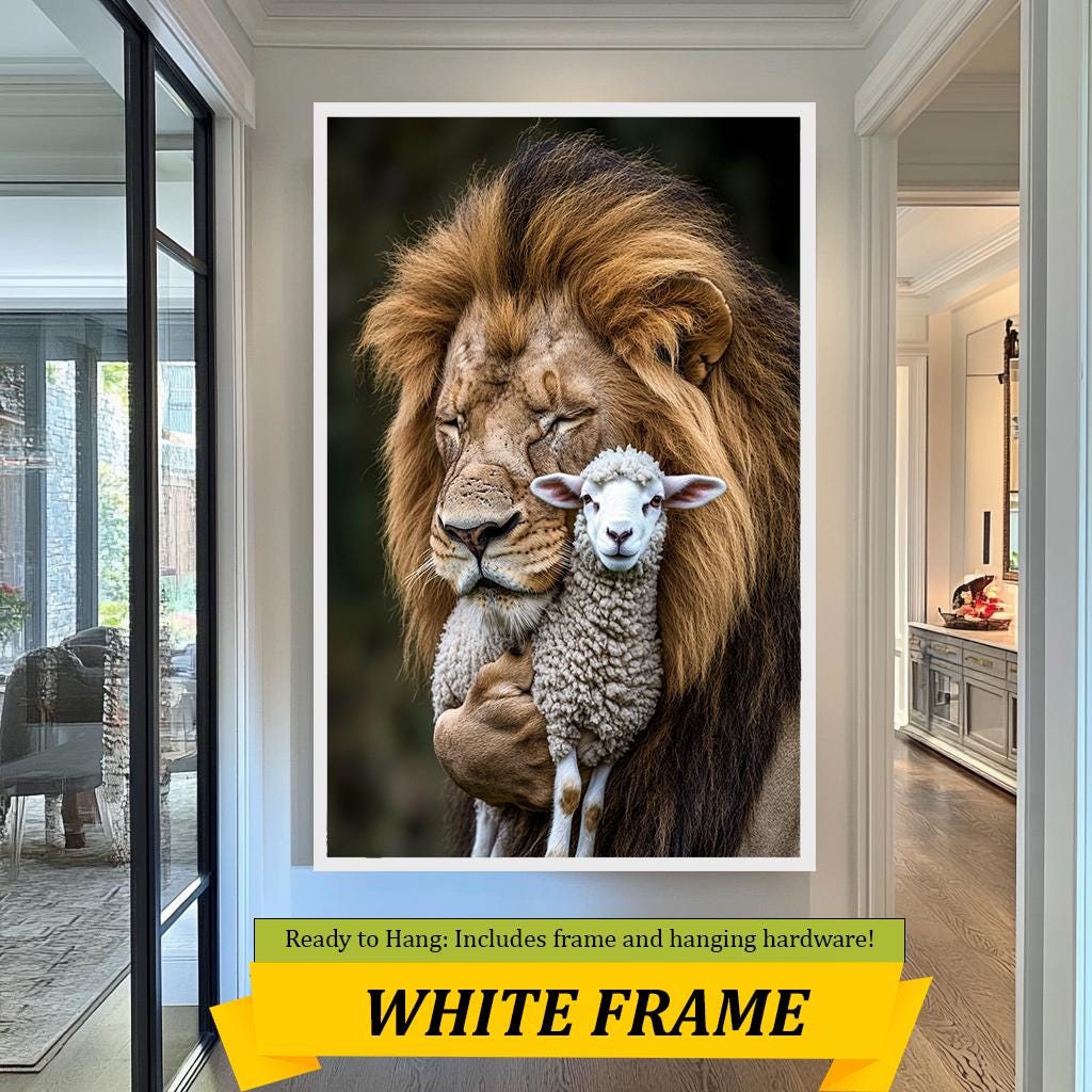 Lion and Lamb Embrace Wall Art, Peaceful Wildlife Portrait, Symbolic Animal Artwork, Inspirational Nature Print, Harmony and Love Decor