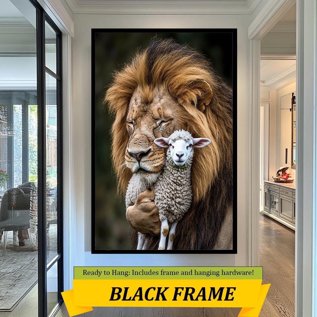 Lion and Lamb Embrace Wall Art, Peaceful Wildlife Portrait, Symbolic Animal Artwork, Inspirational Nature Print, Harmony and Love Decor