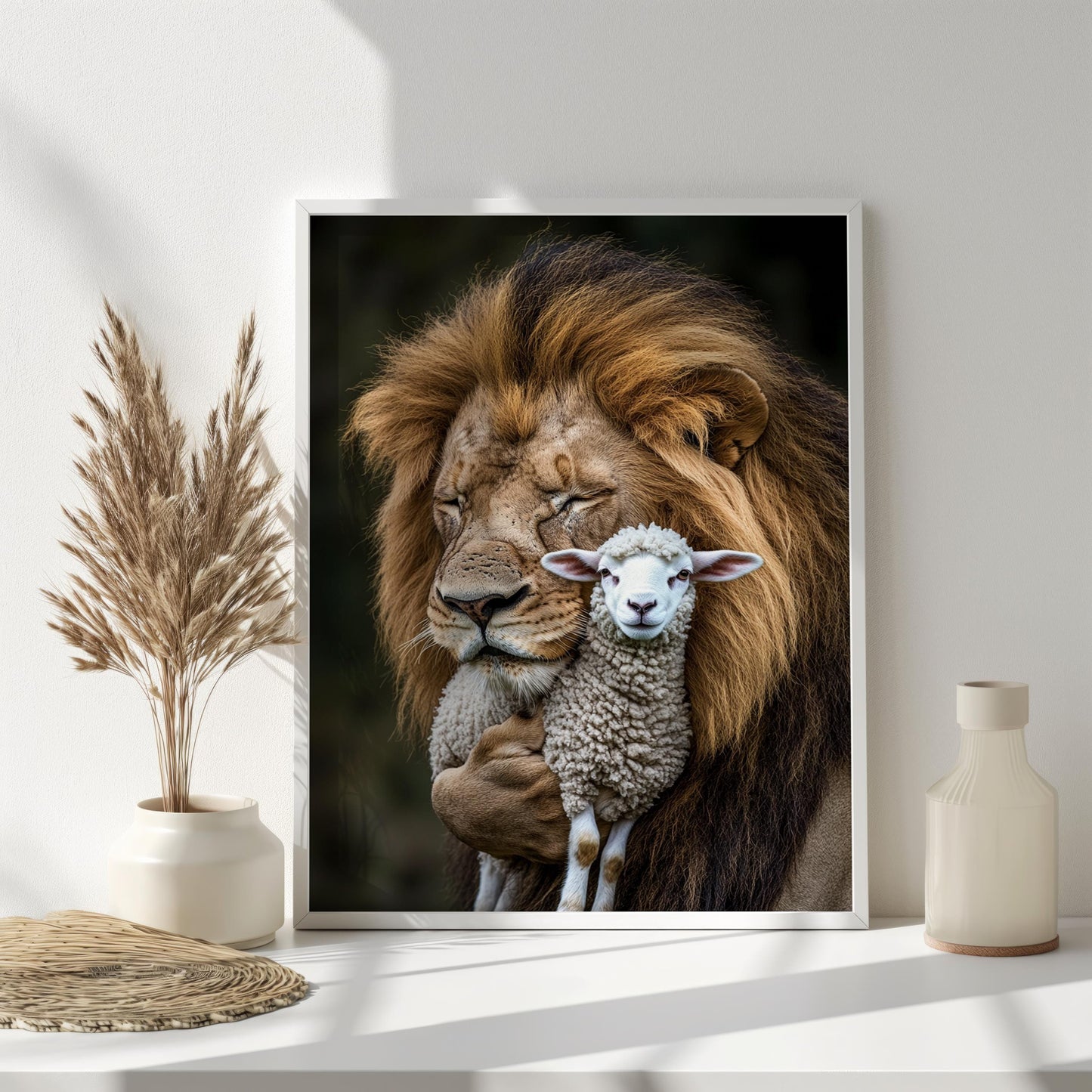 Lion and Lamb Embrace Wall Art, Peaceful Wildlife Portrait, Symbolic Animal Artwork, Inspirational Nature Print, Harmony and Love Decor