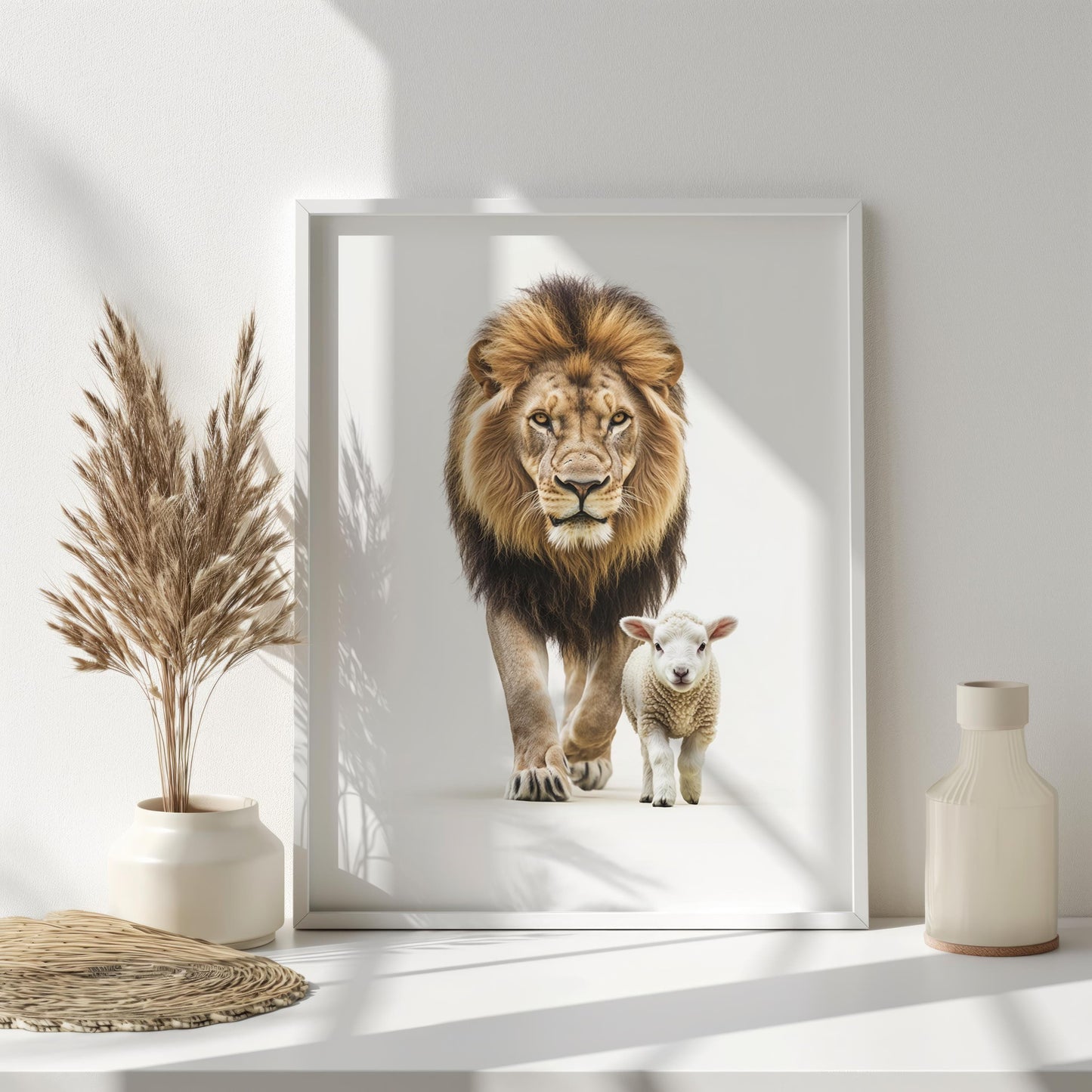 Lion and Lamb Minimalist Art Print, Symbolic Wildlife Wall Art, Peace and Harmony Decor, Inspirational Animal Portrait,Modern Nature Artwork