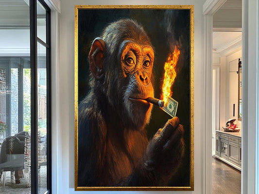 Smoking Chimp Art Print, Funny Gorilla with Burning Cigar, Bold Wildlife Artwork, Modern Animal Wall Decor, Unique Money Flame Poster