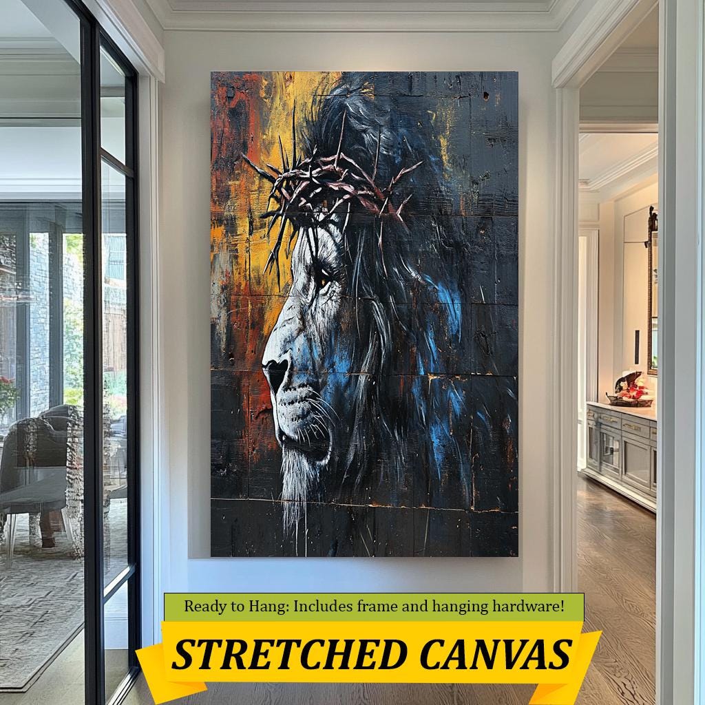 Lion Wall Art Christian Decor, Lion with Crown of Thorns Painting, Spiritual Animal Graffiti Mural, Religious Street Art Print