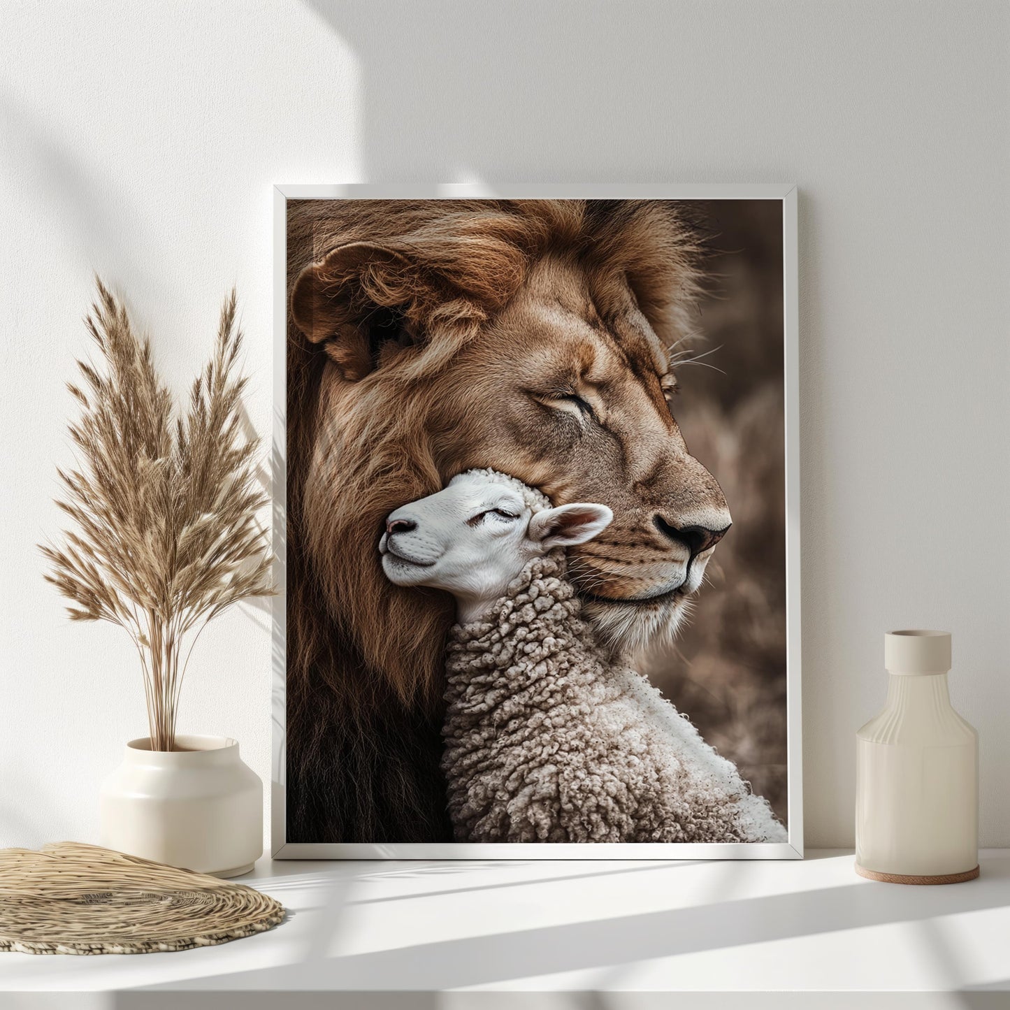 Lion and Lamb Art Print, Christian Symbolic Decor, Peaceful Animal Wall Art, Spiritual Harmony Artwork, Inspirational Home Decor