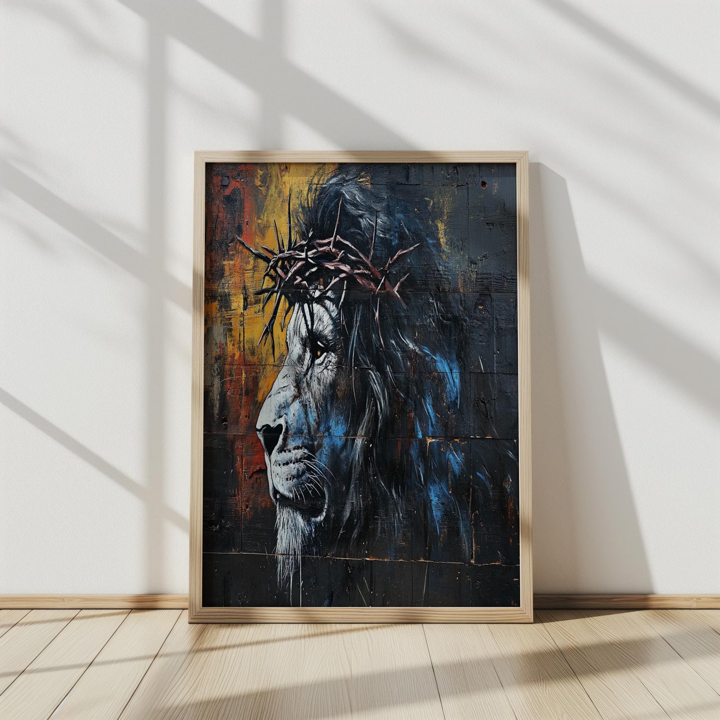 Lion Wall Art Christian Decor, Lion with Crown of Thorns Painting, Spiritual Animal Graffiti Mural, Religious Street Art Print