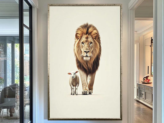 Lion and Lamb Minimalist Art Print, Peaceful Wildlife Wall Decor, Symbolic Animal Artwork, Inspirational Nature Print, Modern Harmony Art