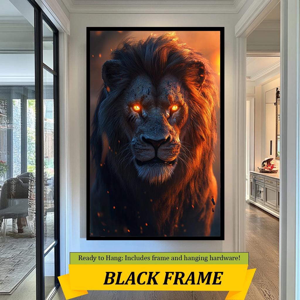 Fiery Lion Art Print, Majestic Lion with Glowing Eyes, Dramatic Animal Wall Art, Powerful Wildlife Artwork for Modern Decor