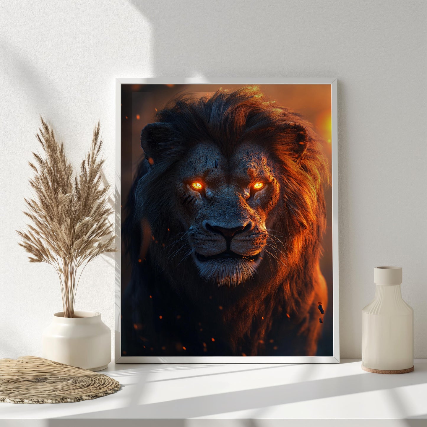 Fiery Lion Art Print, Majestic Lion with Glowing Eyes, Dramatic Animal Wall Art, Powerful Wildlife Artwork for Modern Decor