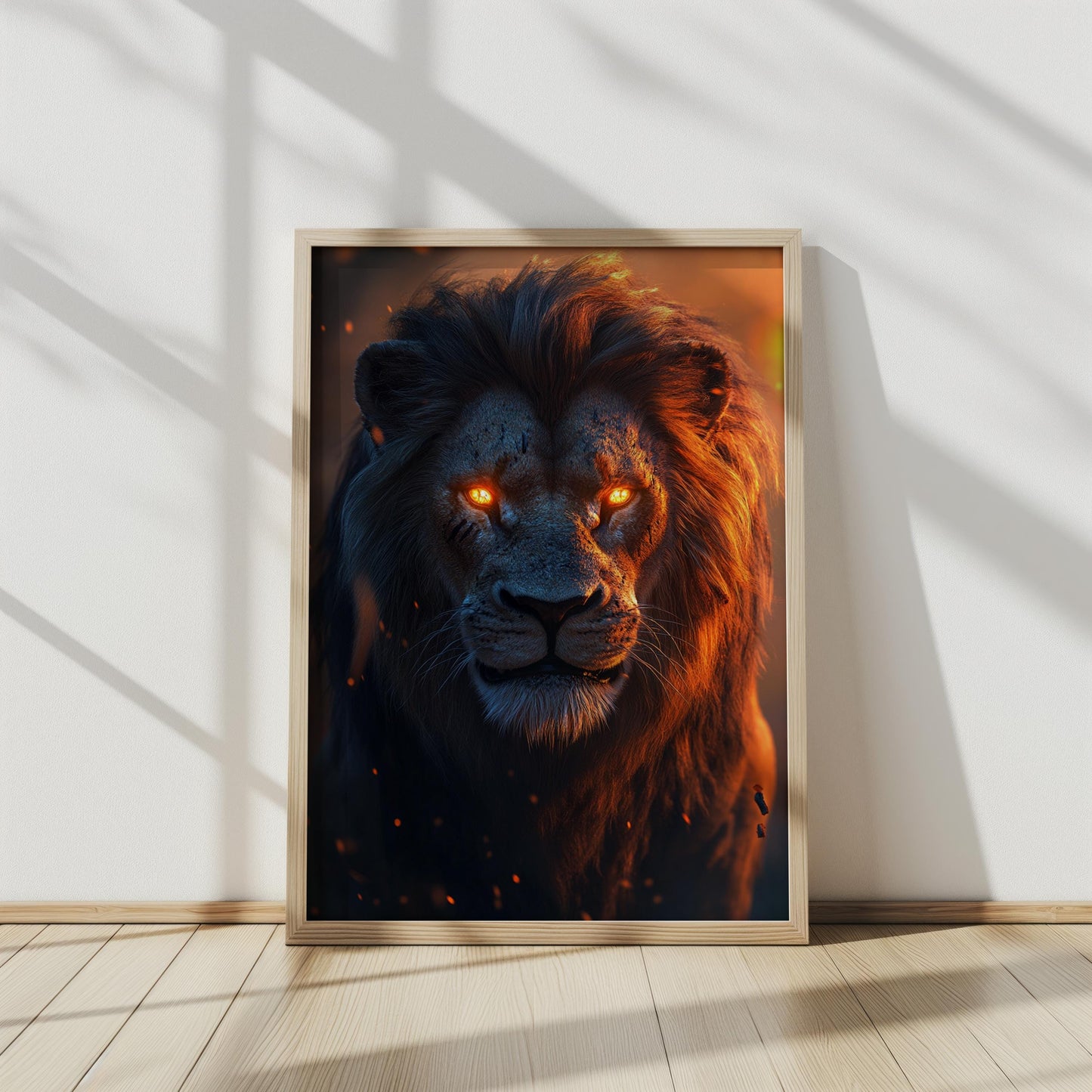 Fiery Lion Art Print, Majestic Lion with Glowing Eyes, Dramatic Animal Wall Art, Powerful Wildlife Artwork for Modern Decor