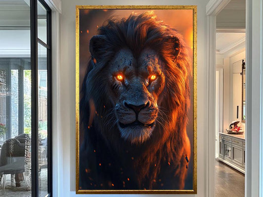 Fiery Lion Art Print, Majestic Lion with Glowing Eyes, Dramatic Animal Wall Art, Powerful Wildlife Artwork for Modern Decor