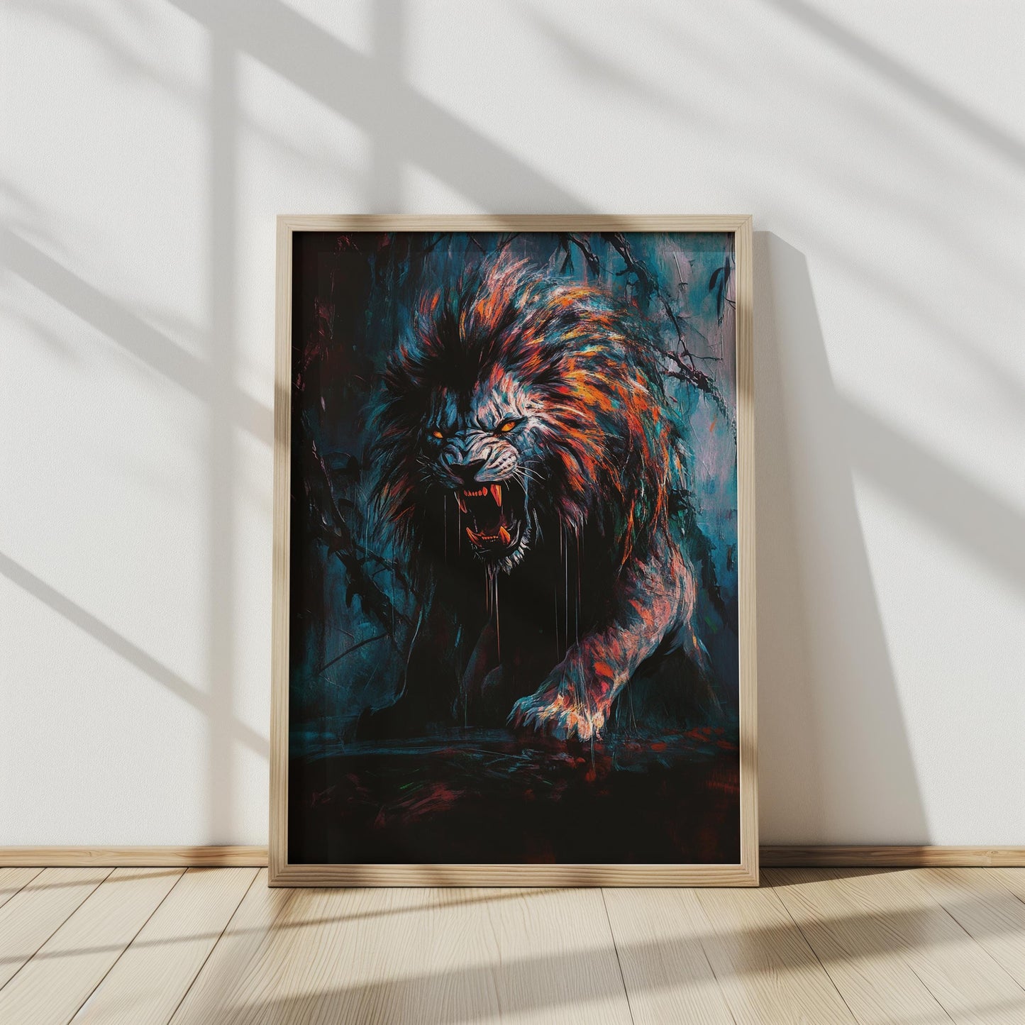 Fierce Lion Art Print, Dark Roaring Lion Painting, Dramatic Animal Wall Art, Vibrant Jungle Wildlife Decor, Bold Modern Artwork