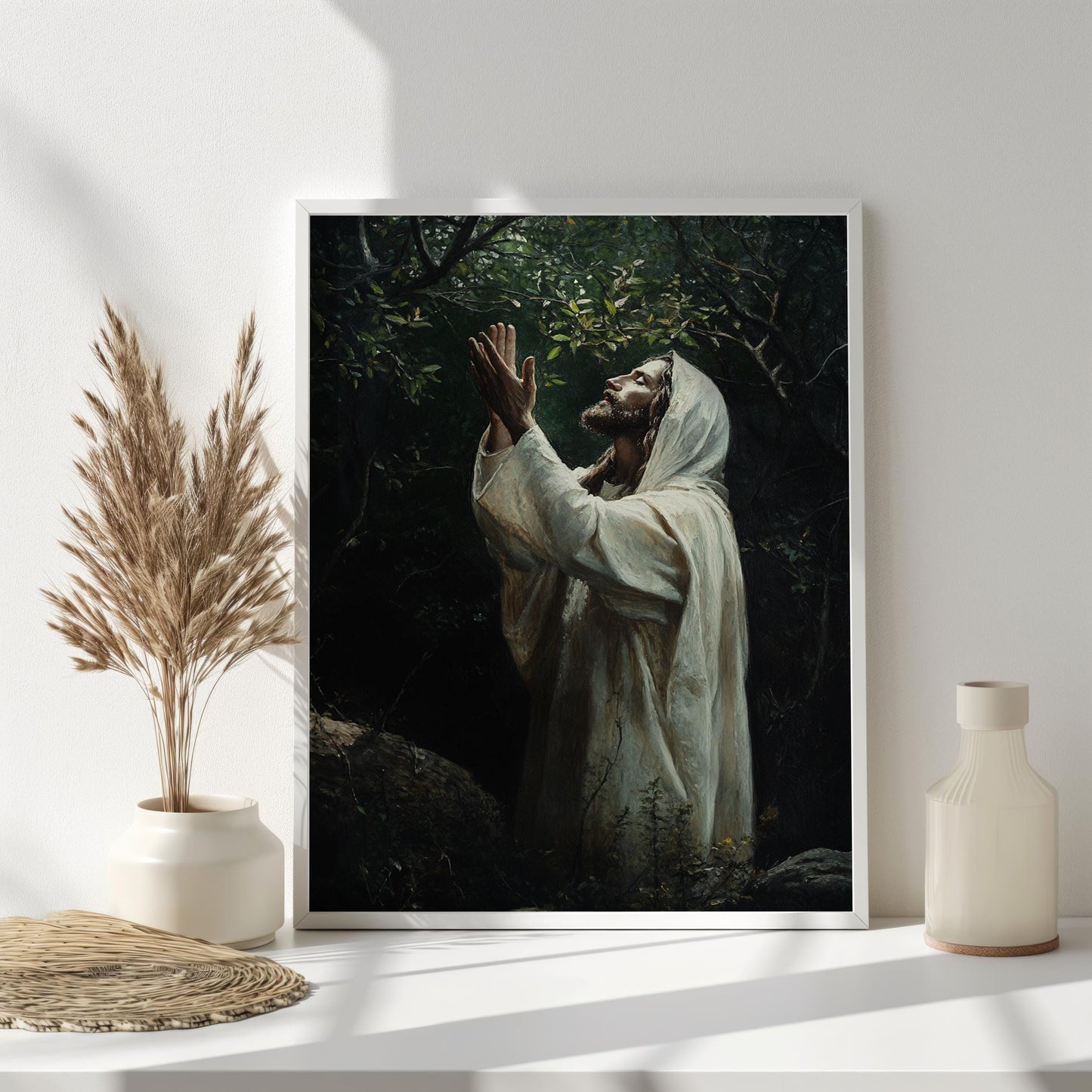 Jesus Praying in the Garden Art Print, Spiritual Christian Wall Decor, Faith-Inspired Religious Artwork, Devotional Prayer Painting