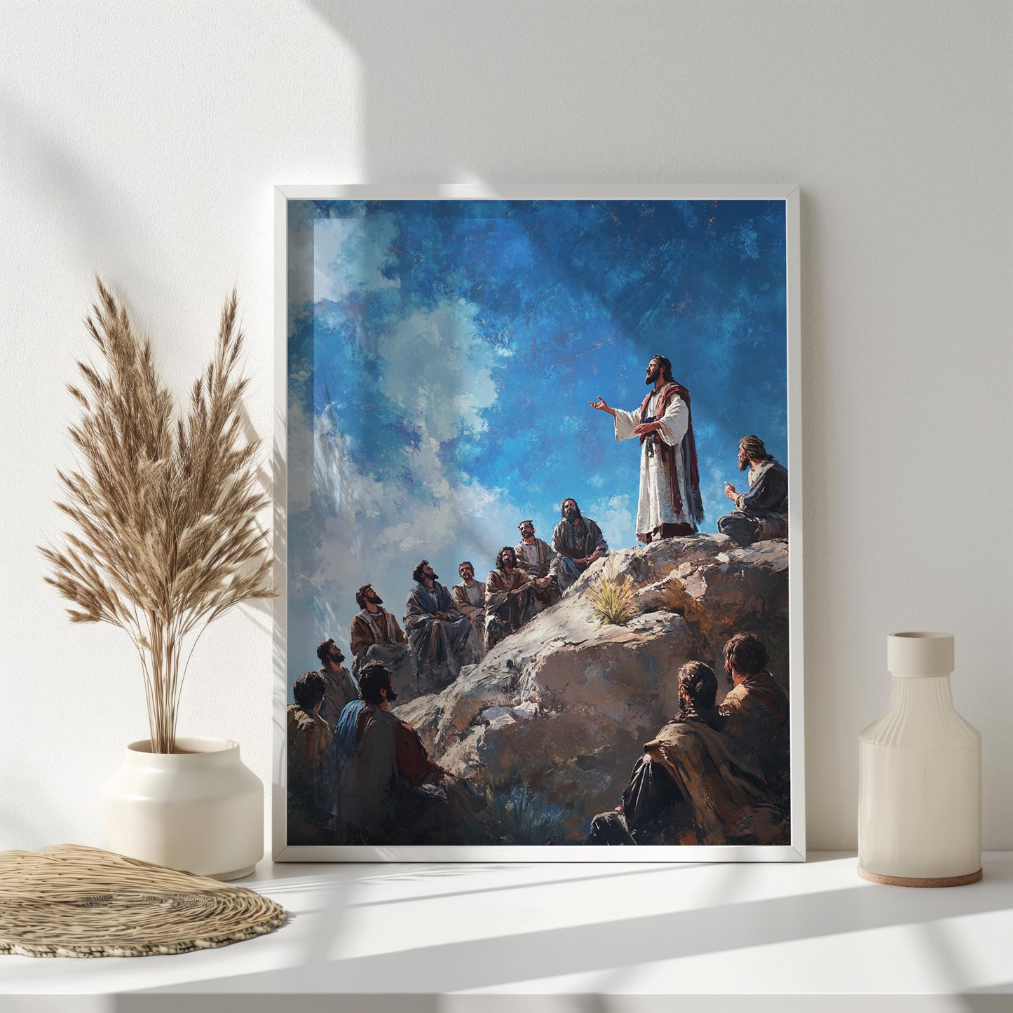 Sermon on the Mount Art Print, Jesus Teaching Disciples Painting, Christian Wall Decor, Biblical Scene Artwork, Faith-Based Home Decor