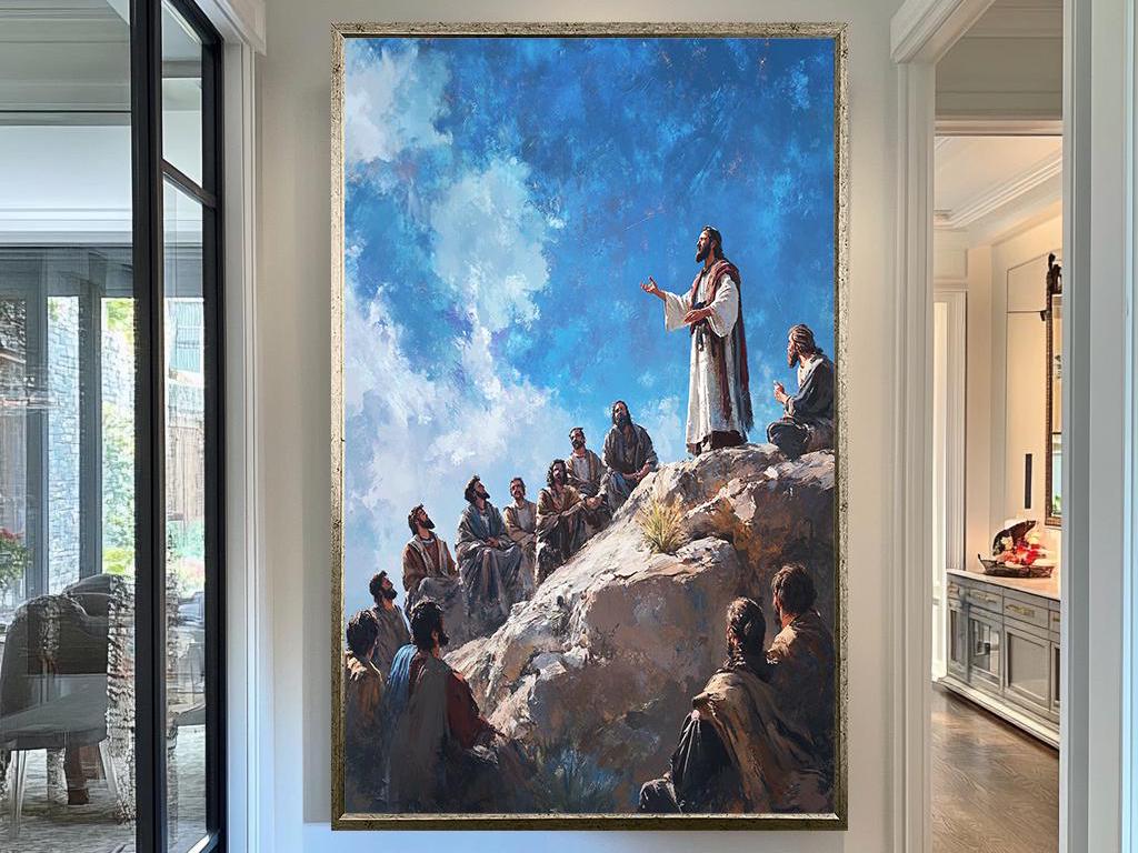 Sermon on the Mount Art Print, Jesus Teaching Disciples Painting, Christian Wall Decor, Biblical Scene Artwork, Faith-Based Home Decor