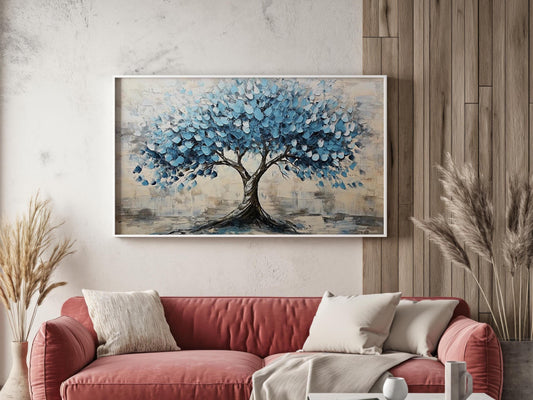 Abstract Blue Tree Painting, Textured Palette Knife Wall Art, Modern Nature Decor, Elegant Blue Tree Canvas, Minimalist Home Artwork