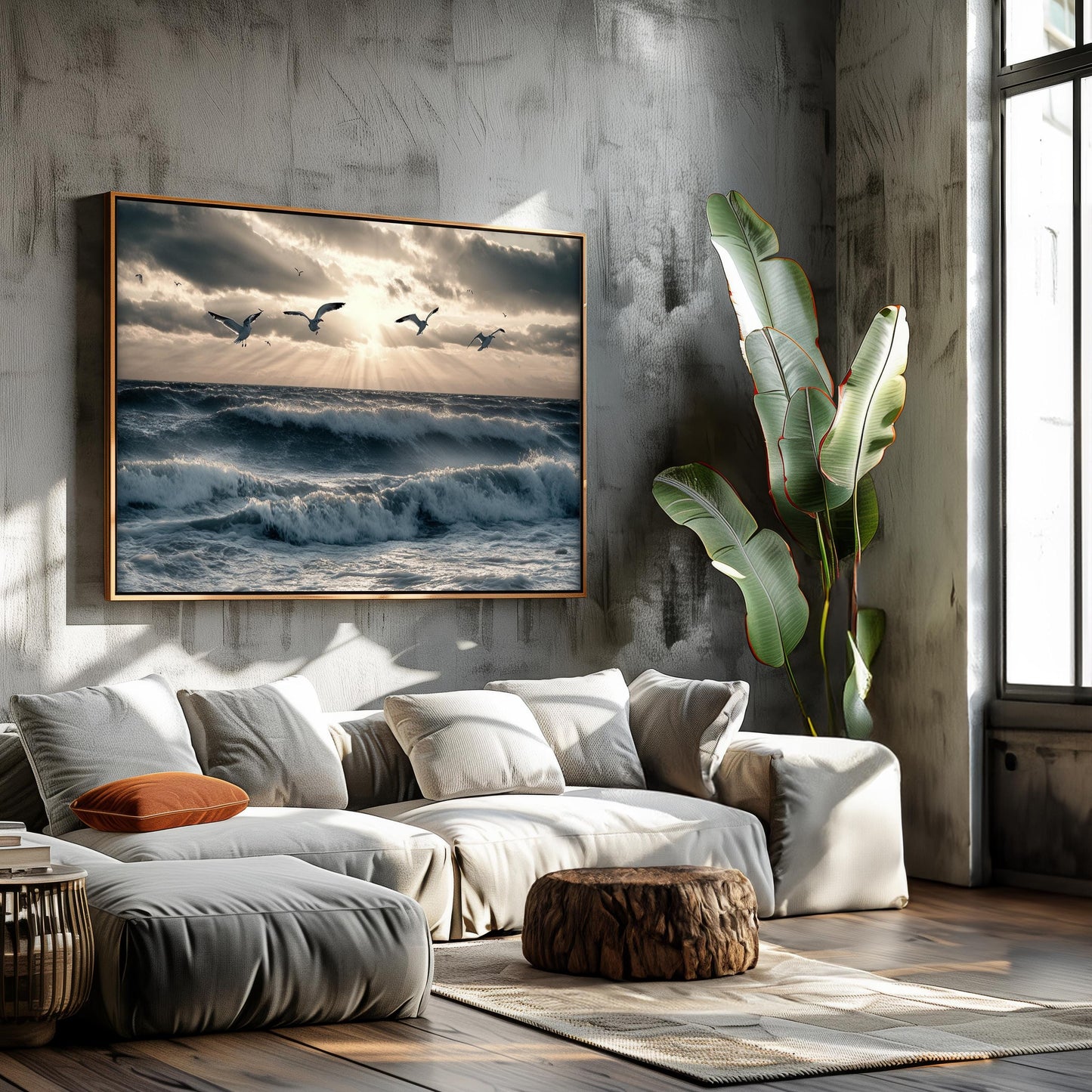 Serene Ocean Waves with Flying Seagulls, Sun Rays Through Clouds, Coastal Photography Art, Tranquil Nature Wall Decor for Modern Interiors